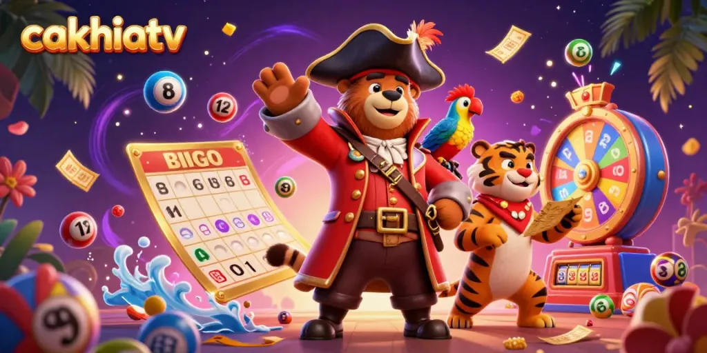 CakhiaTV brings excitement with a vibrant scene of a cartoon pirate bear and tiger exploring dynamic lottery elements.