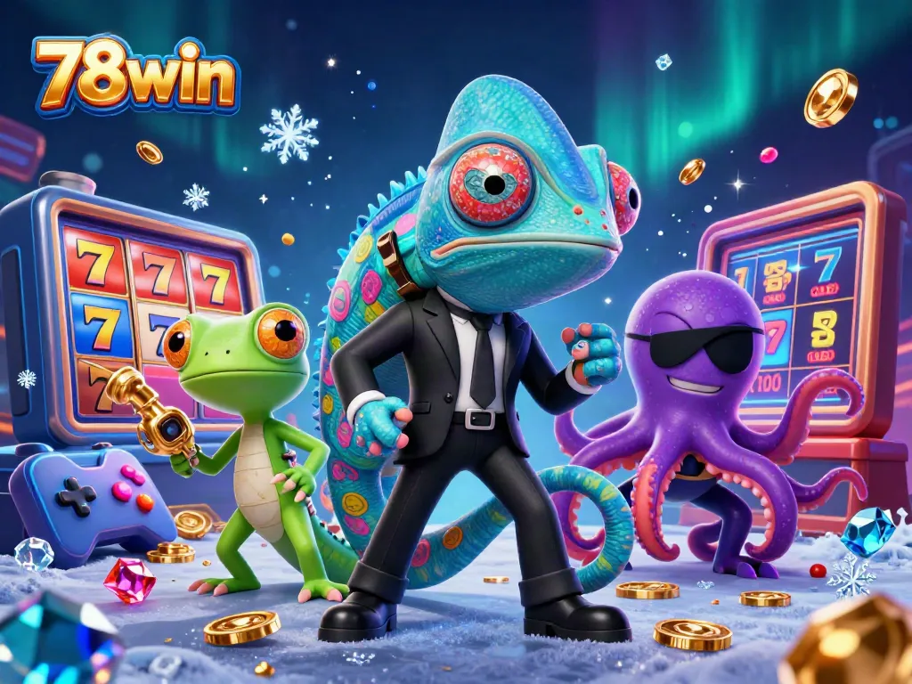 Engaging scene showcasing 78win characters amidst vibrant slot machines and casino elements in a rich 3D illustration.