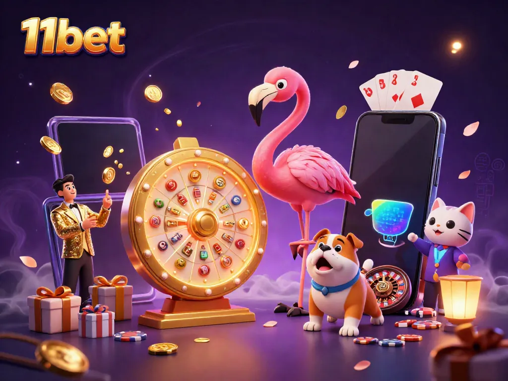Engaging 3D cartoon scene with 11bet logo showcasing a game show host flamingo, bulldog contestant, and prizes.