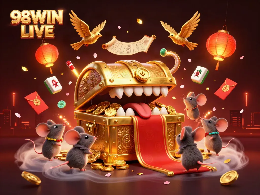 Engage in exciting gaming at 98WIN LIVE with a treasure chest and vivid elements.