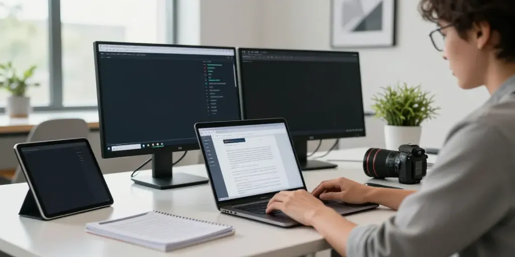 Creating sponsored software articles in a modern office setting with tech tools and bright atmosphere.