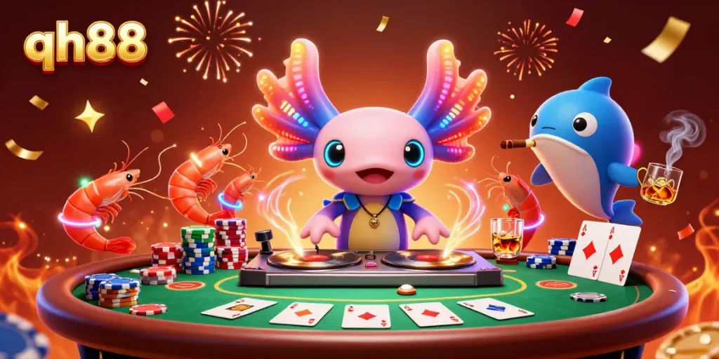 Experience high-energy gaming with the lively characters of qh88, a vibrant casino scene.