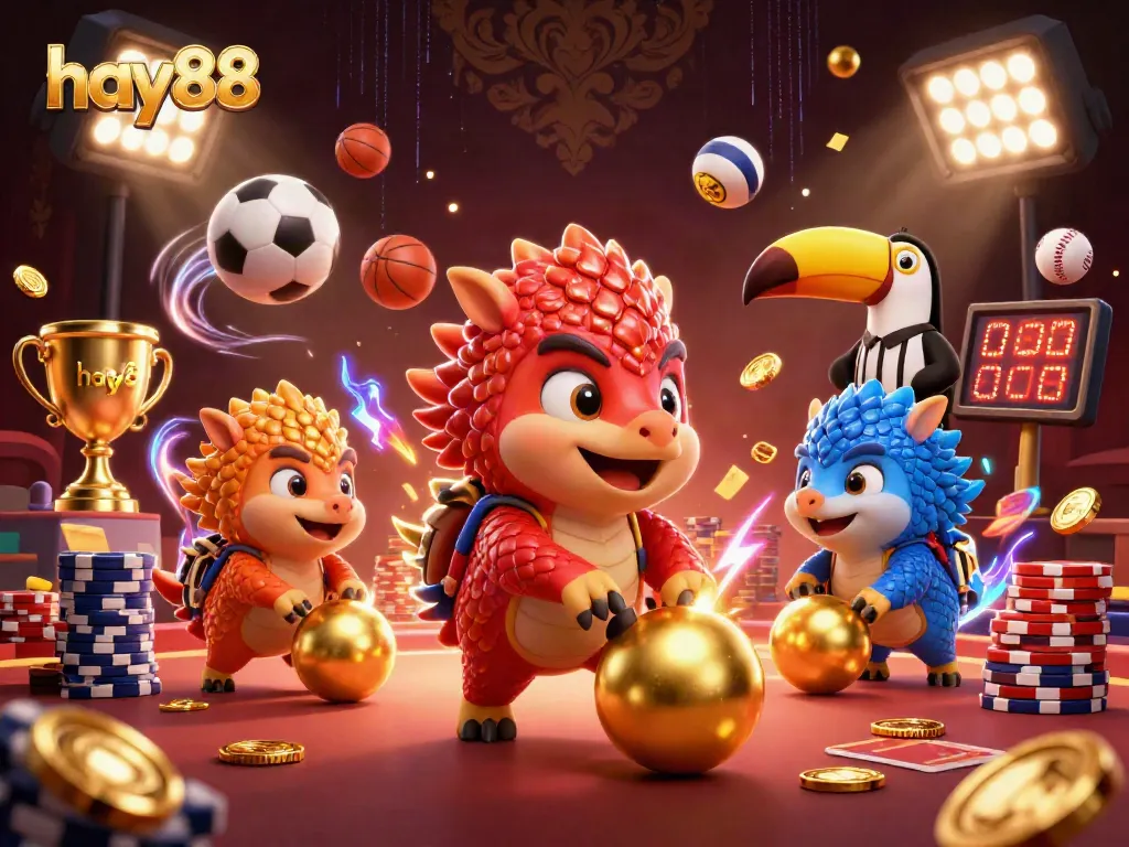 Experience thrilling action at hay88 as cartoon pangolins compete, surrounded by dynamic casino elements.