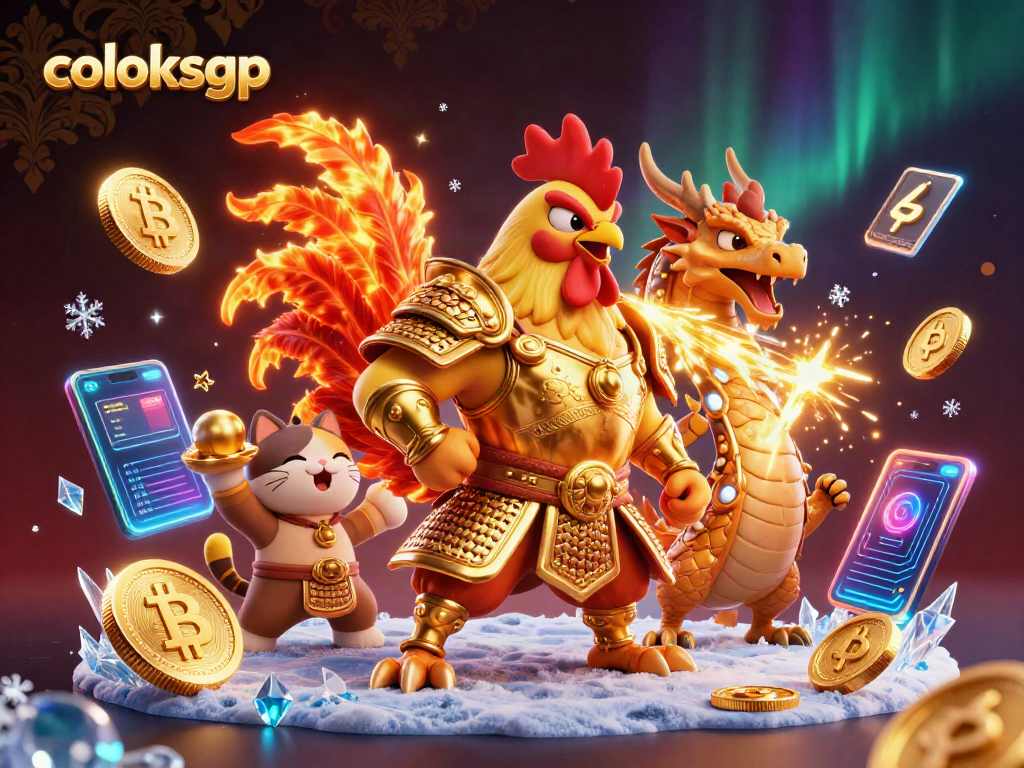 Battle with excitement at coloksgp, featuring a fighting rooster and a dragon amidst crypto coins.