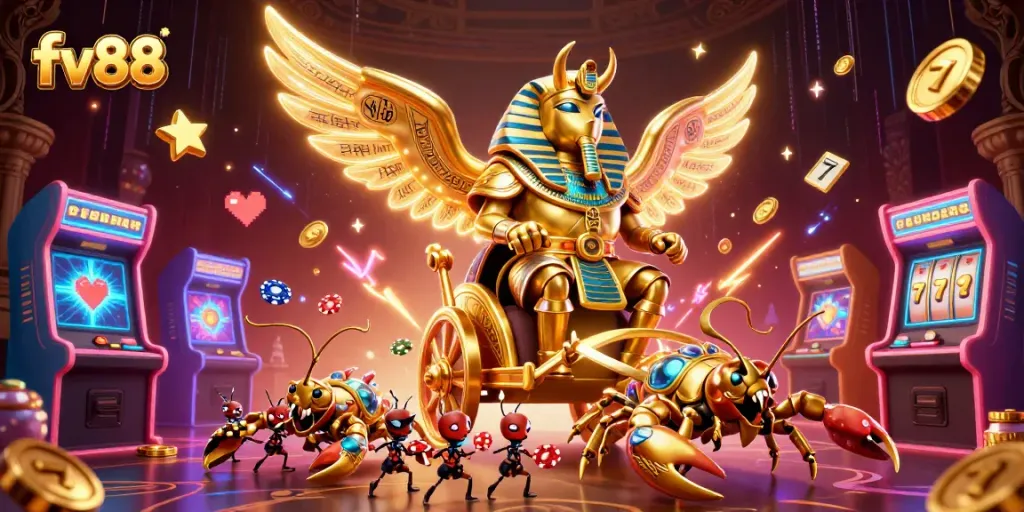 Experience the thrill of casino gaming with fv88's vibrant 3D illustration featuring a golden beetle and dynamic characters.