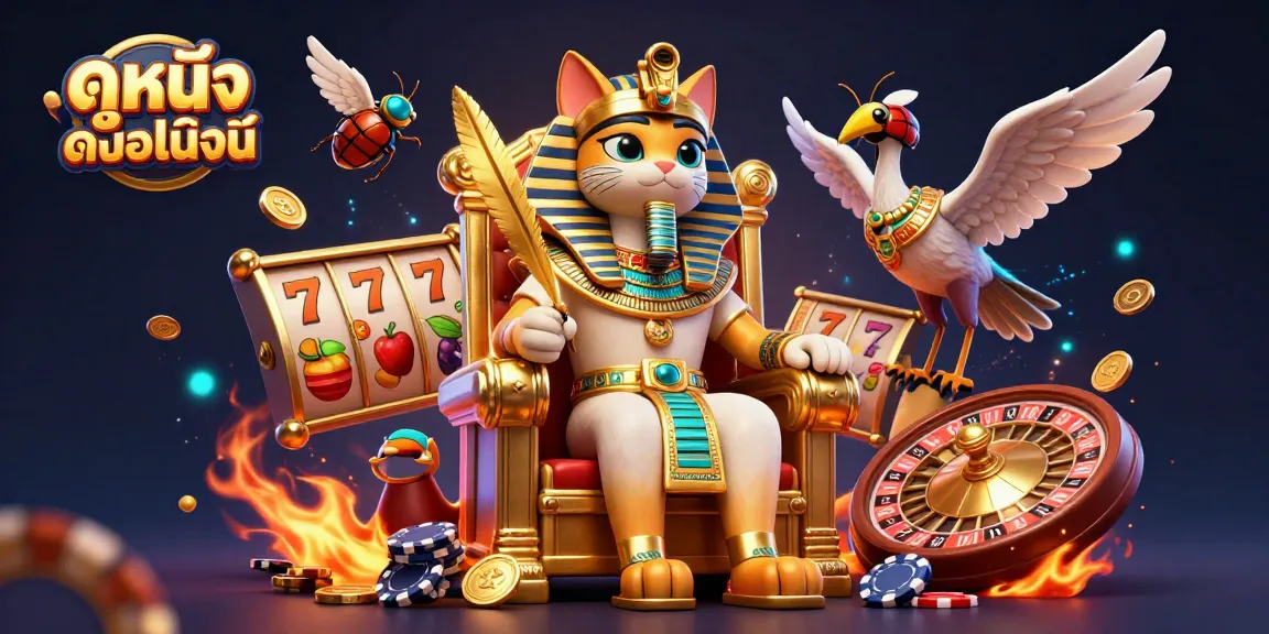 Experience exciting ดูหนังออนไลน์ with an Egyptian pharaoh cat in a vibrant casino scene full of dynamic elements.