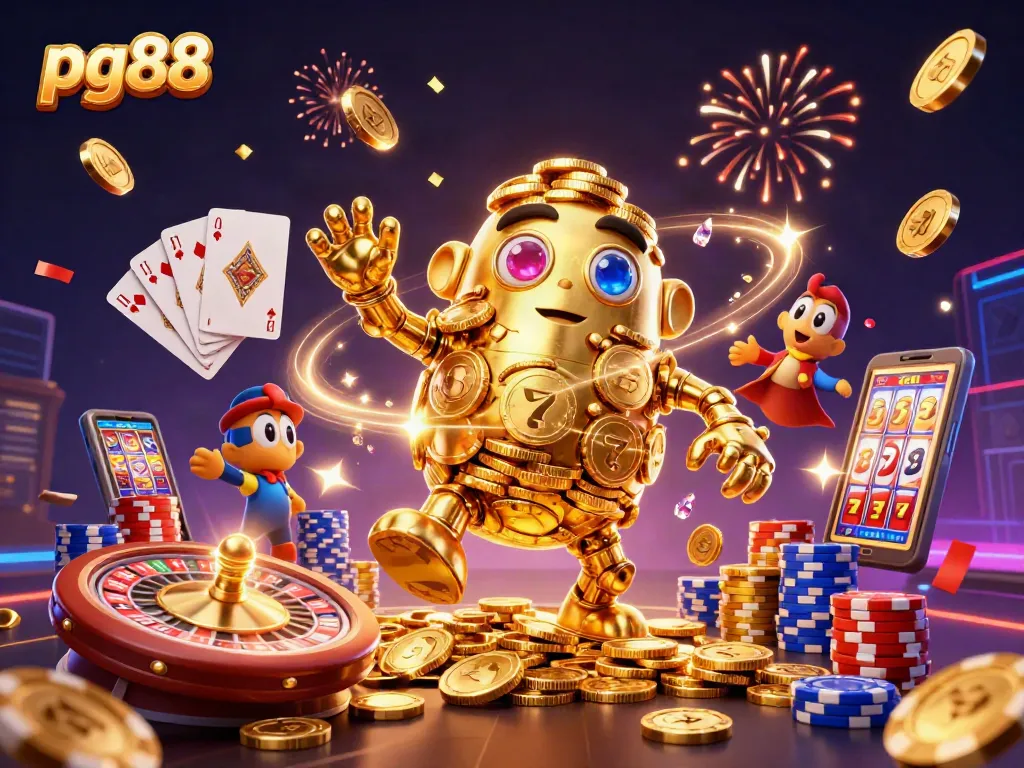 Spin the reels at pg88 with a dynamic scene showcasing a golden golem and casino elements.