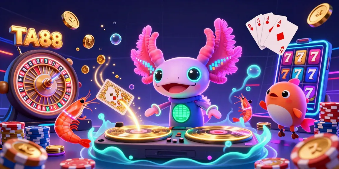 Engage with TA88's vibrant casino atmosphere featuring a neon axolotl DJ and dynamic gambling visuals.
