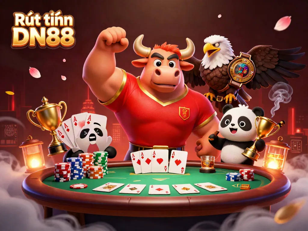 Engage in Rút tiền DN88 with dynamic 3D characters celebrating a poker victory amidst vibrant casino elements.