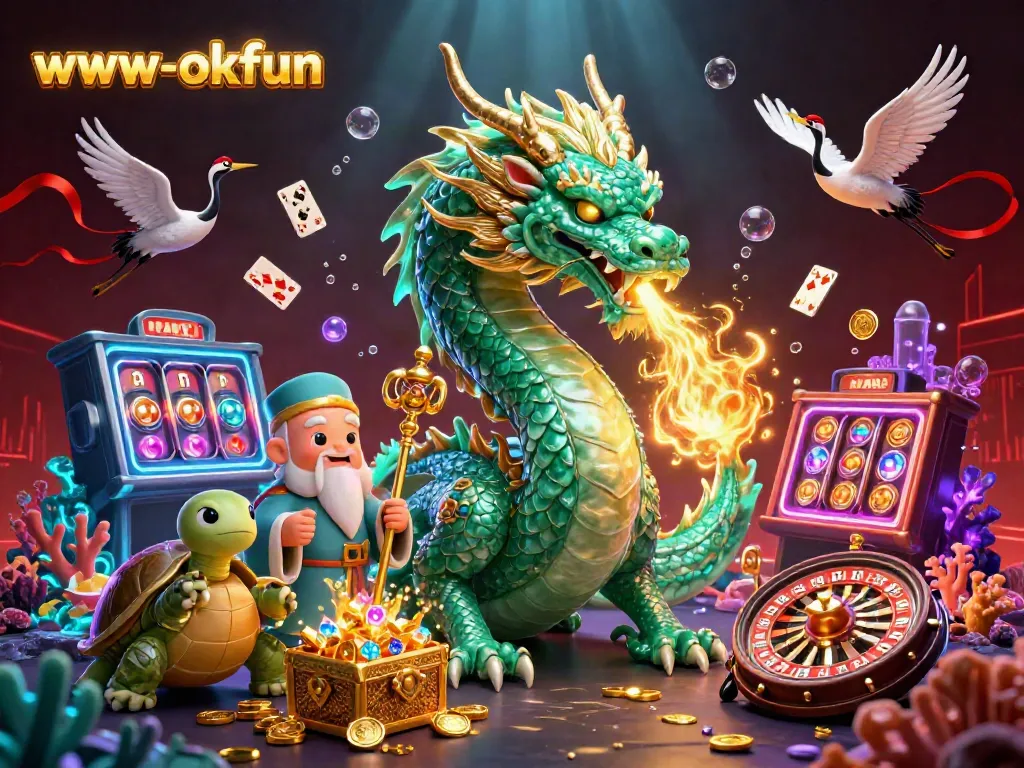 Experience the excitement of gameplay at www-okfun with a vibrant dragon and colorful casino elements.