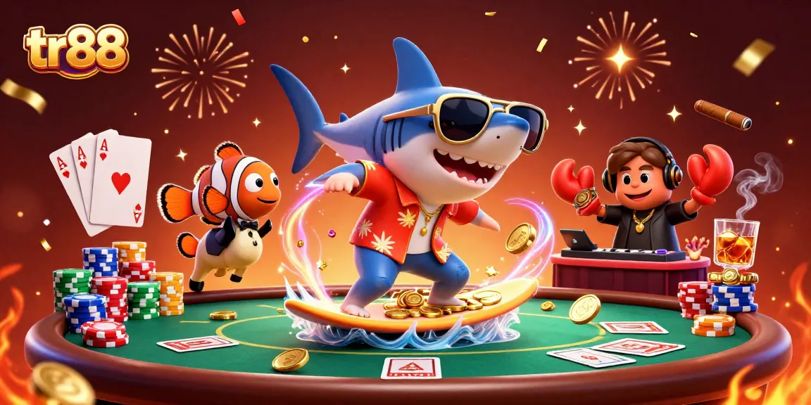 Experience the excitement of tr88 casino with a dynamic 3D scene featuring playful underwater characters amidst poker elements and gold coins.