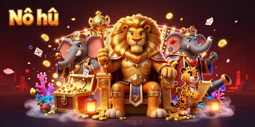 Experience Nổ hũ with a fierce lion king and other characters amid vibrant casino elements.