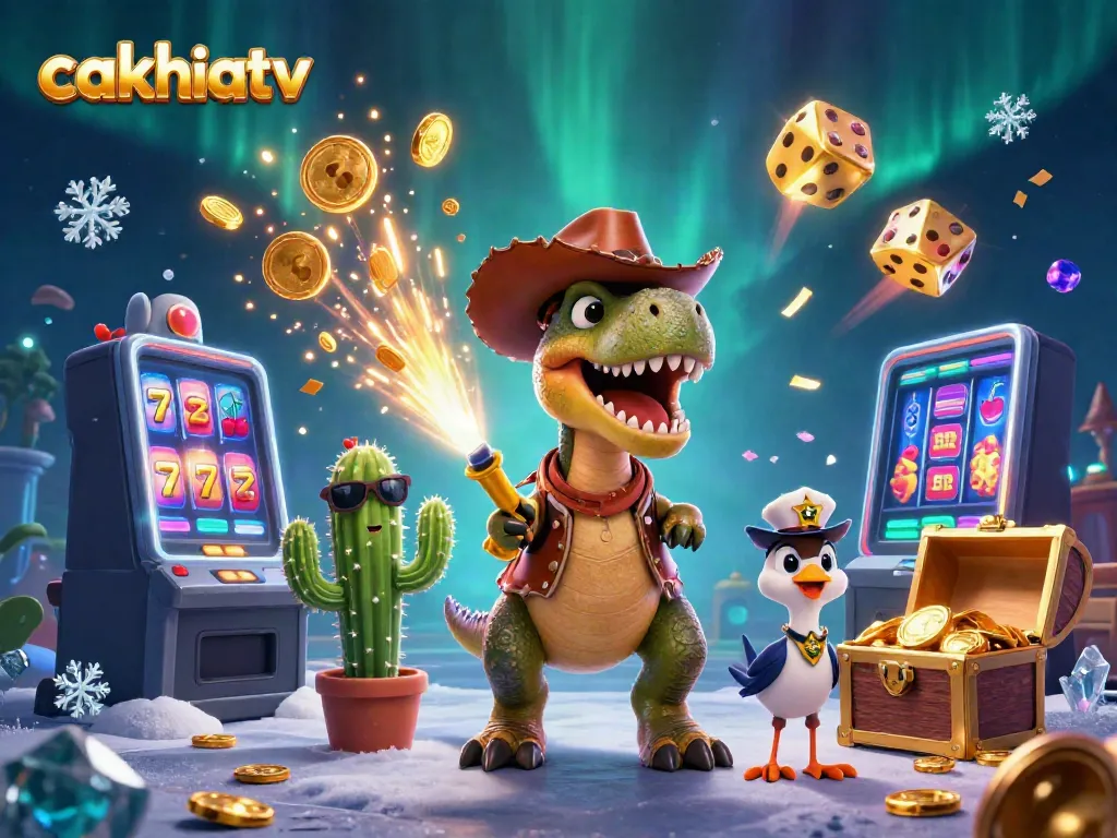 Cakhiatv dynamic gaming scene featuring T-Rex, cactus, and roadrunner amidst a burst of casino elements.
