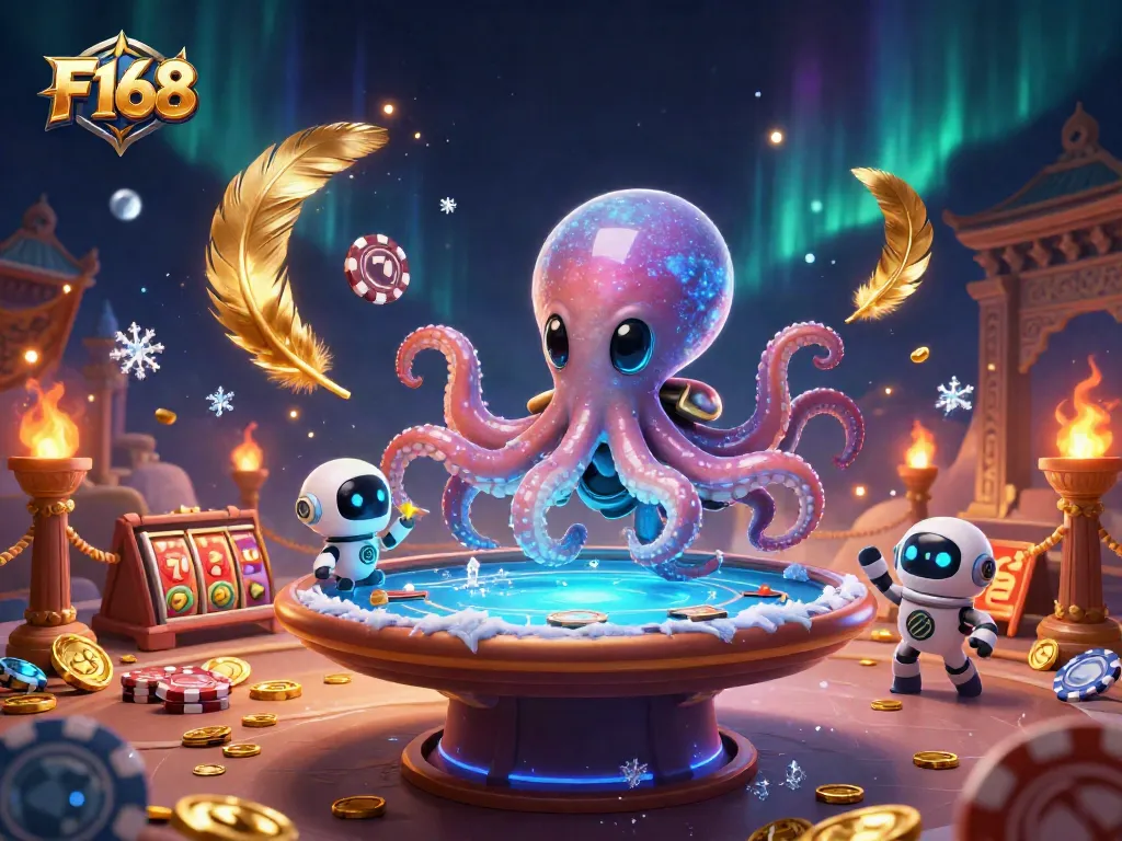 Experience F168 with an alien octopus at a colorful floating poker table in a vibrant casino space