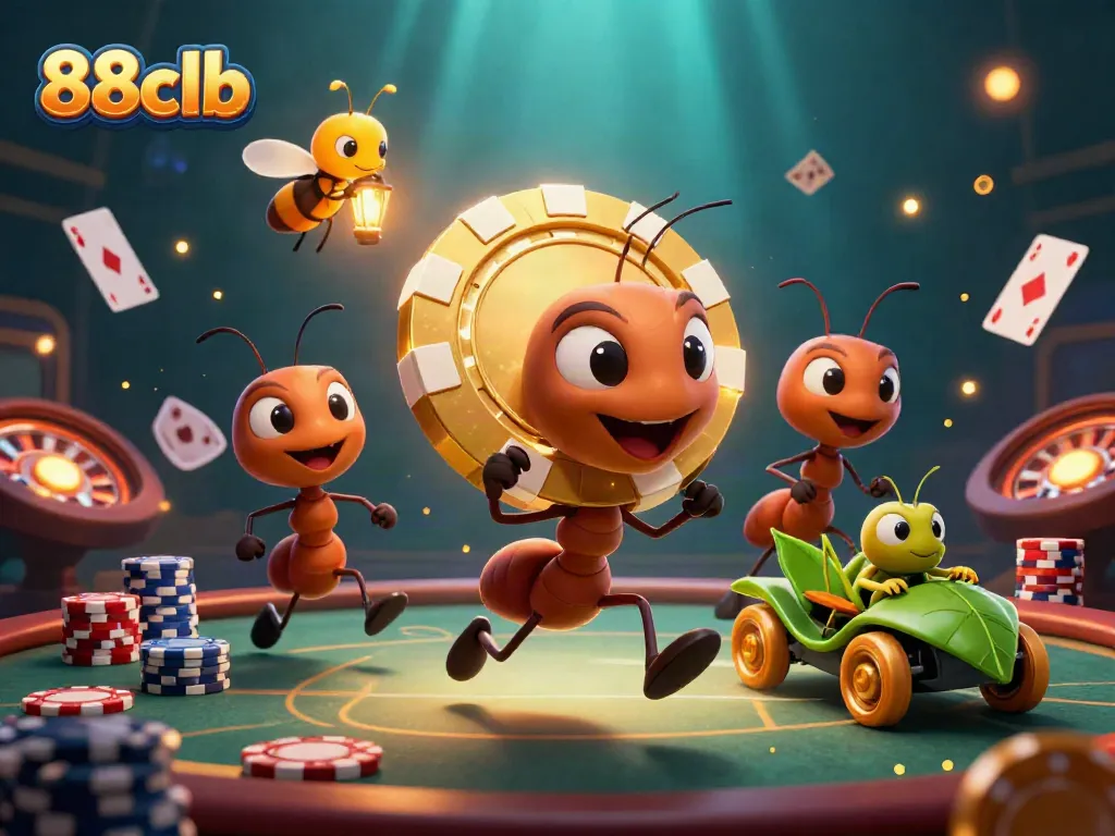 Ants maneuvering through a tunnel with poker elements, showcasing the 88clb gaming experience.