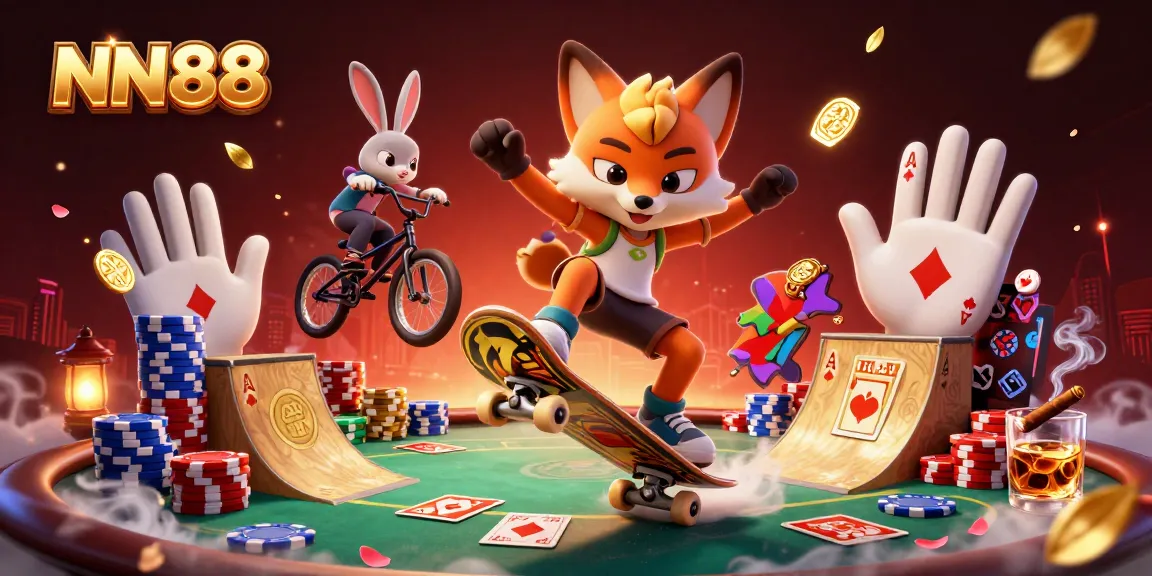 Experience thrilling gameplay with NN88, featuring a vibrant scene of a skateboarder fox and BMX rabbit in a casino.