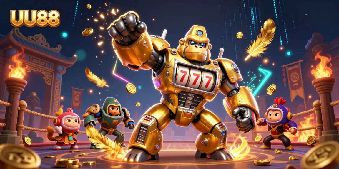 Experience thrilling action at UU88 with a golden gorilla mech and dynamic casino elements.