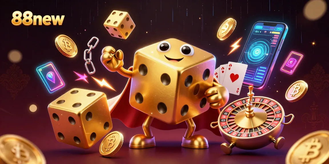 Experience thrilling gaming with 88new's vibrant 3D casino scene featuring playful golden dice and crypto elements.