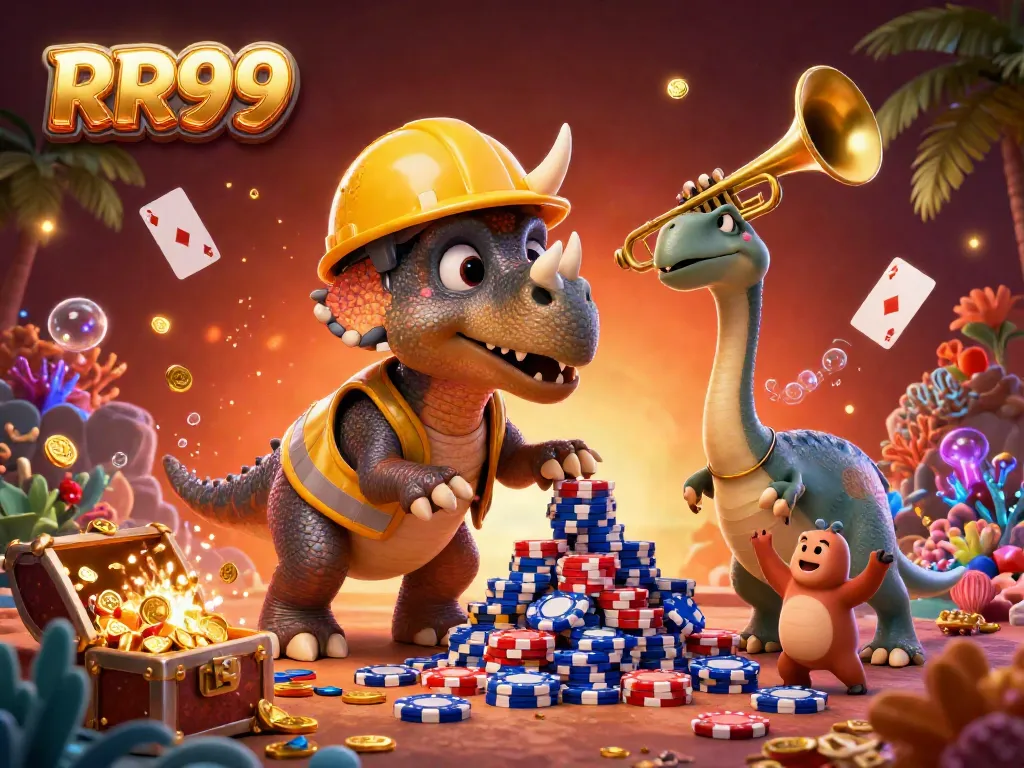 Cheerful triceratops builds poker chips pyramid at RR99 gambling scene with lively fish elements.