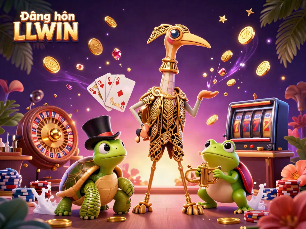 Jump into action with Đăng nhập LLWIN showcasing dazzling casino games and vibrant characters in a 3D illustration.