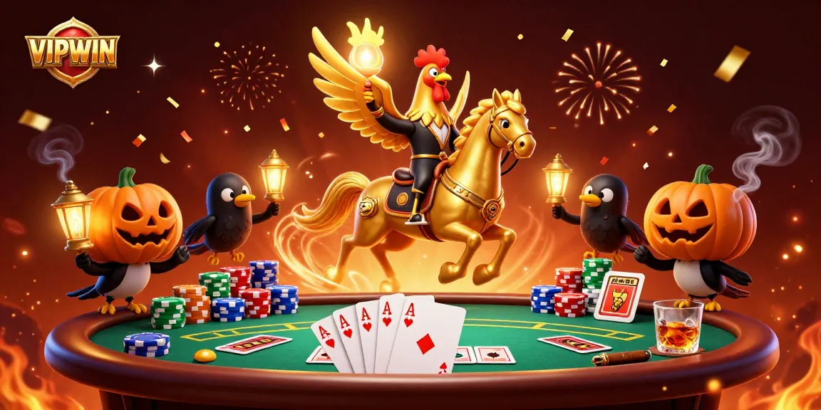Experience VIPWIN's thrilling casino adventure with golden rooster and festive elements.