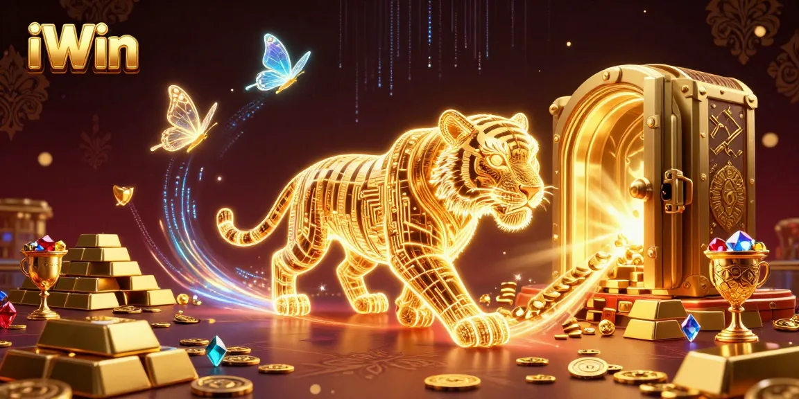iWin game scene with a golden tiger and treasure in a digital casino landscape.