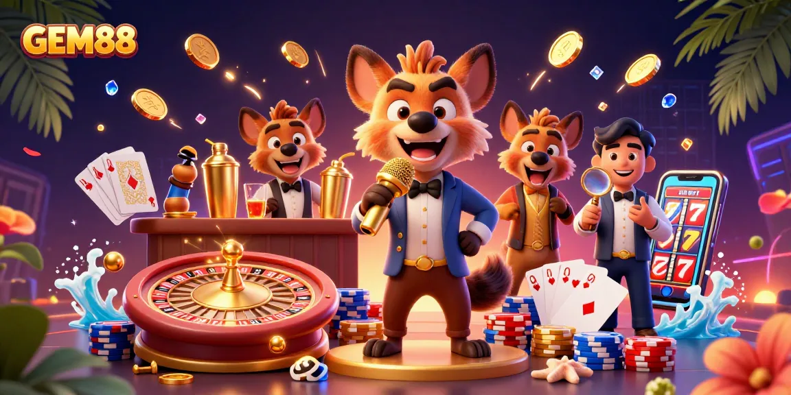 Experience the thrilling atmosphere of GEM88 casino with hyenas entertaining guests, surrounded by vibrant gaming elements.