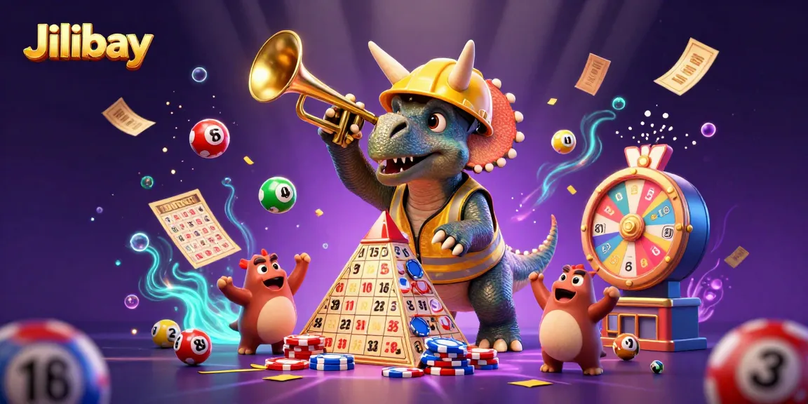 Engage in thrilling games at Jilibay, where a triceratops celebrates with vibrant lottery elements and exciting casino features!