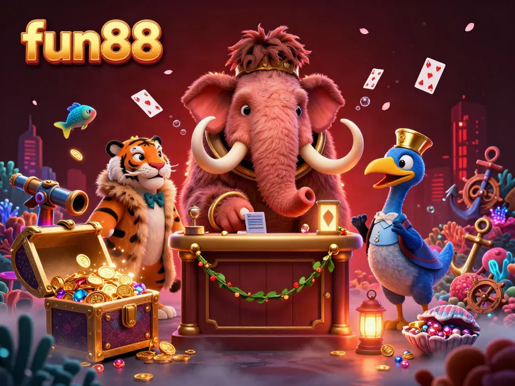 Interactive fun88 gaming scene featuring a woolly mammoth bouncer and VIPs enjoying a casino amidst treasure.