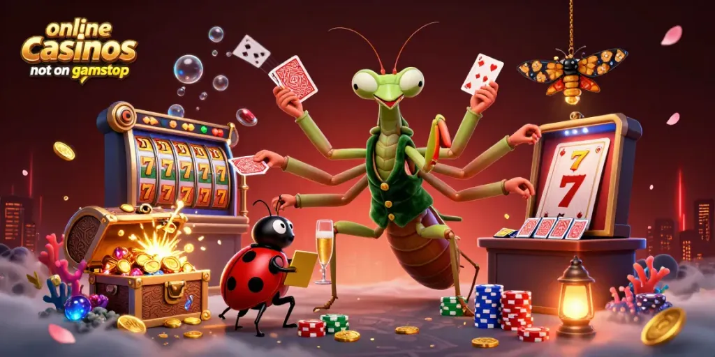 Engage with online casinos not on gamstop featuring vibrant gaming scenes with slot reels and rich decorations.