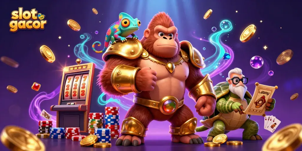 Experience slot gacor excitement with powerful illustrations of a gorilla king, chameleon, and tortoise amidst slots and riches.