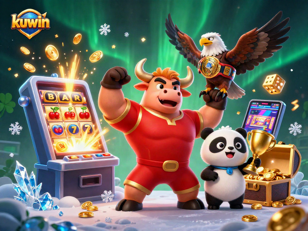 Kuwin instills excitement as the bull mascot, eagle, and panda celebrate a jackpot win in casino gaming.