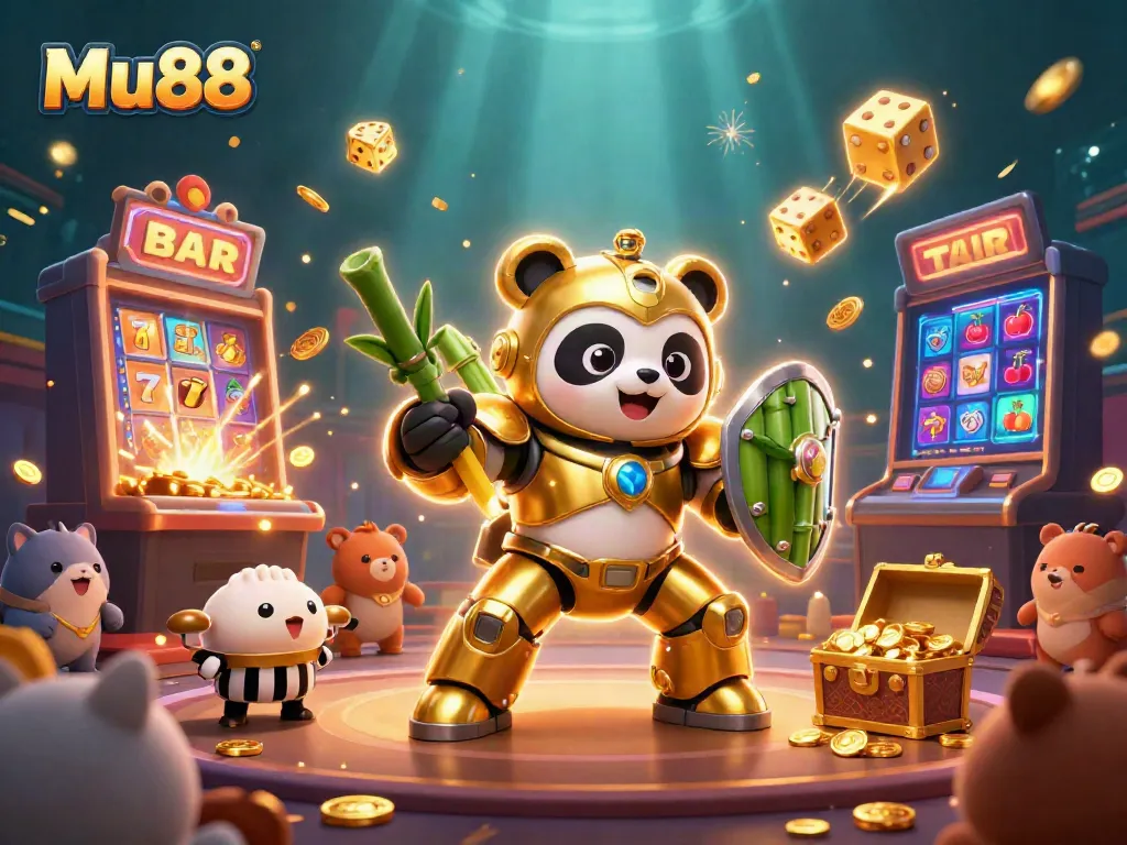 Experience the thrilling casino action at Mu88 with the golden panda piloting a robot in a bursting jackpot explosion.