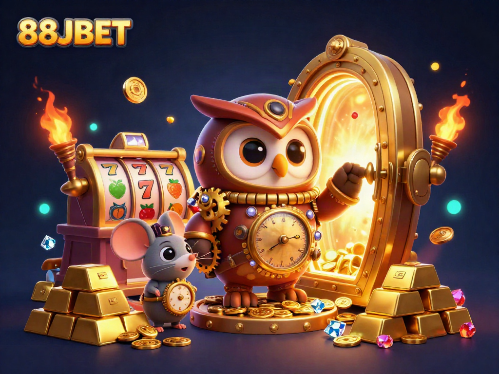 Experience the excitement of 88JBET with vibrant slot machines, treasures, and illustrated characters.