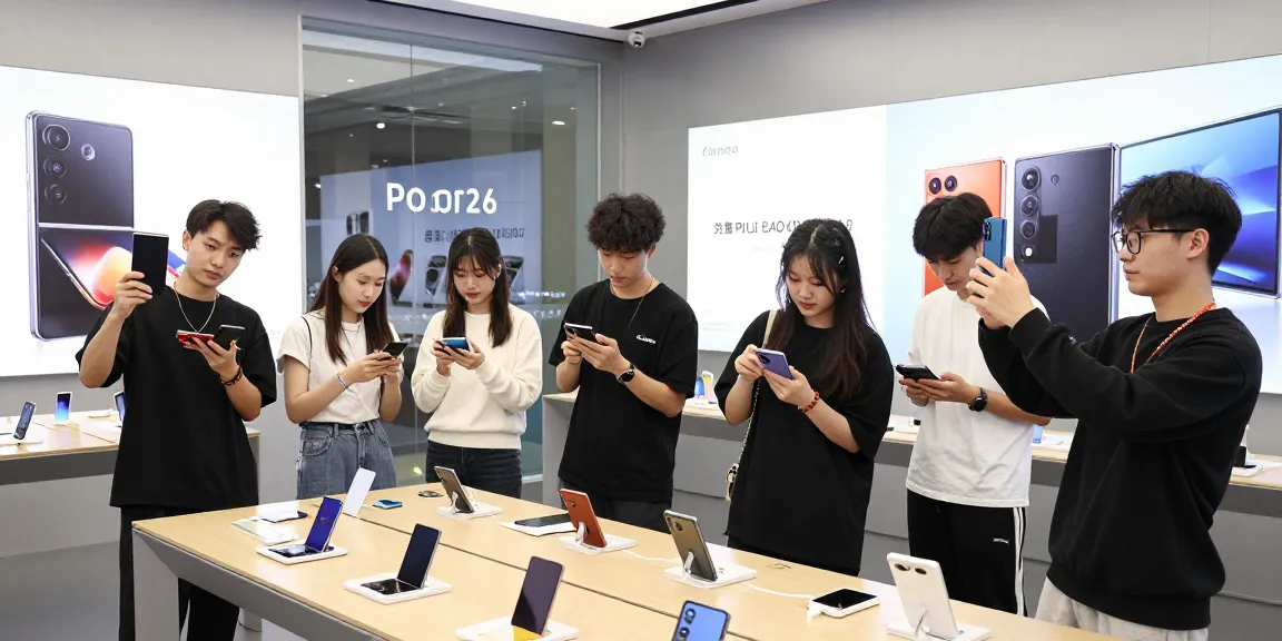 Excited young adults engaging with foldable phones 2026 in a modern tech store showcasing the latest technology.