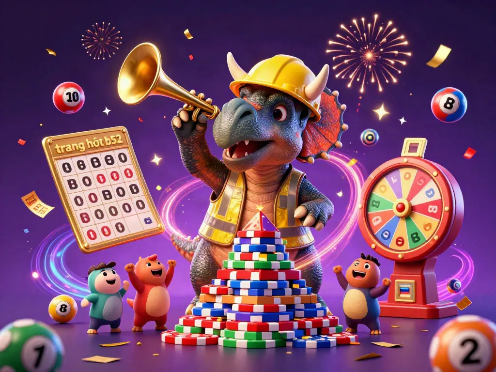 Experience the excitement of gaming on trang chủ b52 as colorful lottery elements and characters create a vibrant casino celebration.
