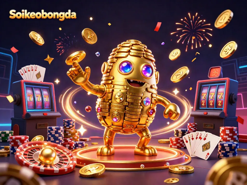 Experience gaming thrill with Soikeobongda's golden golem and casino elements amidst vibrant energies.