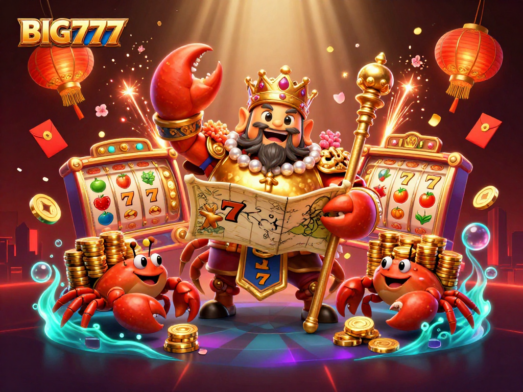 Engage with BIG777 in a vibrant casino scene featuring a golden crab emperor with treasures and slot reels.