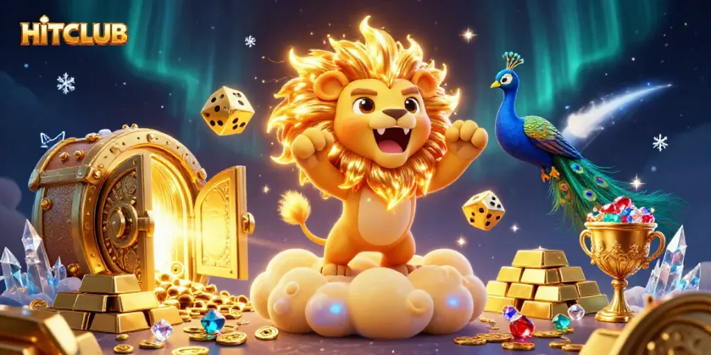 Experience the thrill of HITCLUB with vibrant casino elements and energetic characters in this stunning 3D illustration.