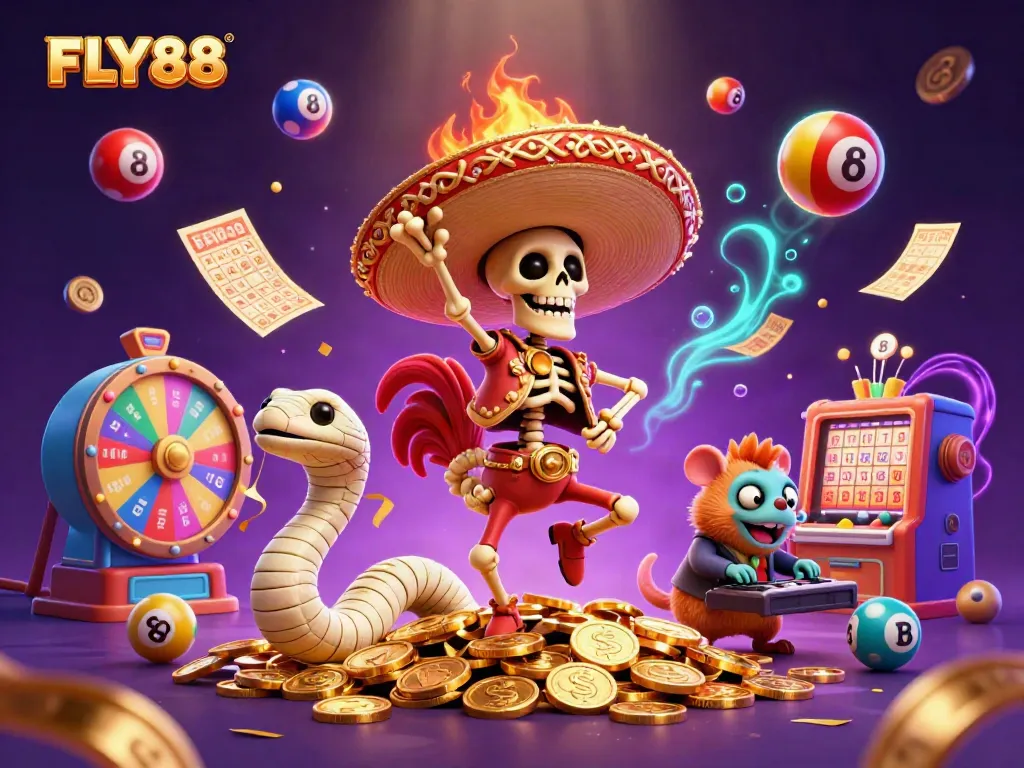 FLY88 offers thrilling gambling action with a festive scene of a dancing mariachi rooster and gaming elements.