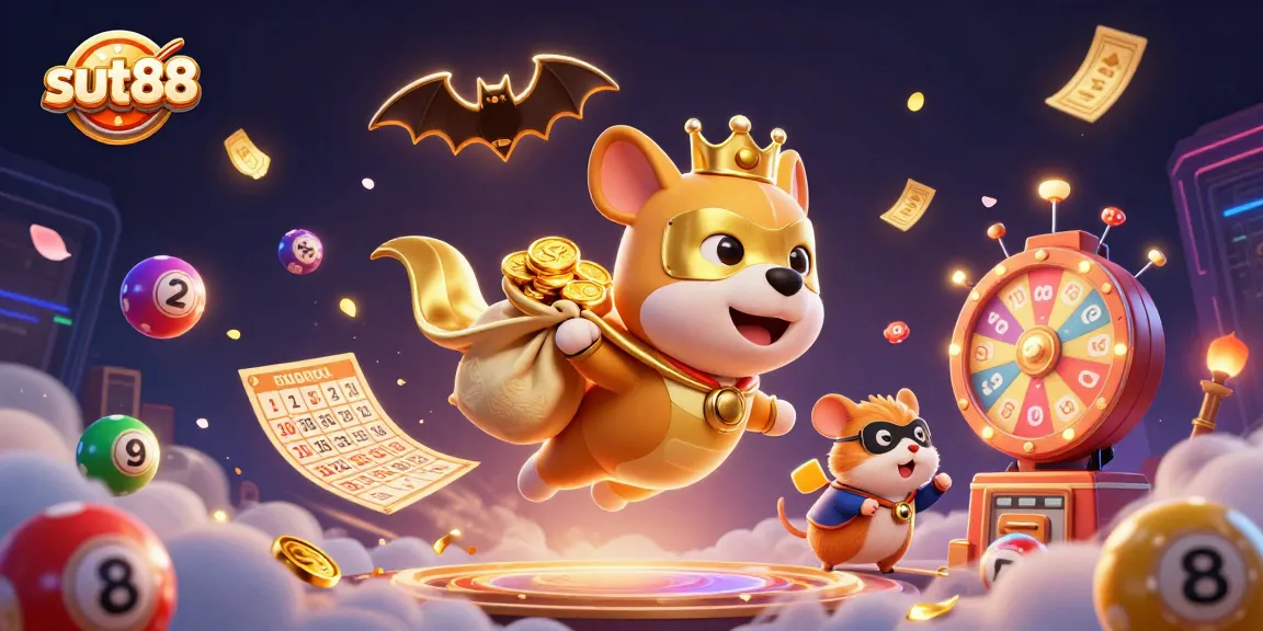 Sut88 casino illustration featuring a superhero dog and hamster amidst colorful lottery elements