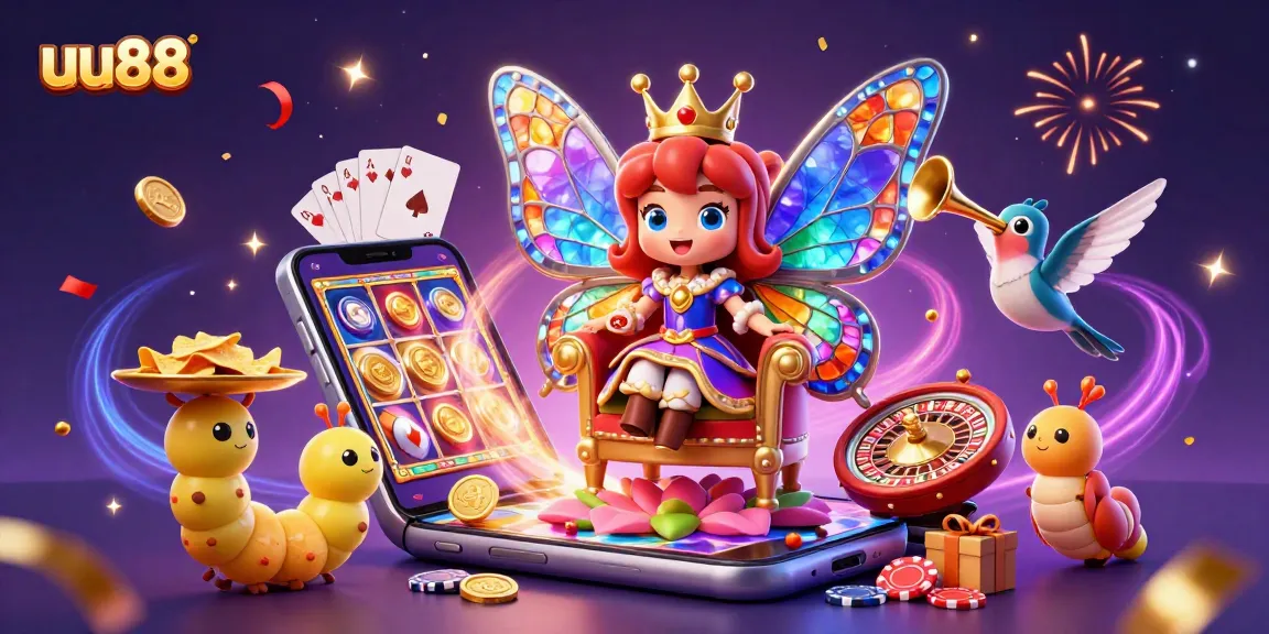 Win at uu88 with a vibrant 3D casino scene featuring the butterfly queen and jubilant game elements