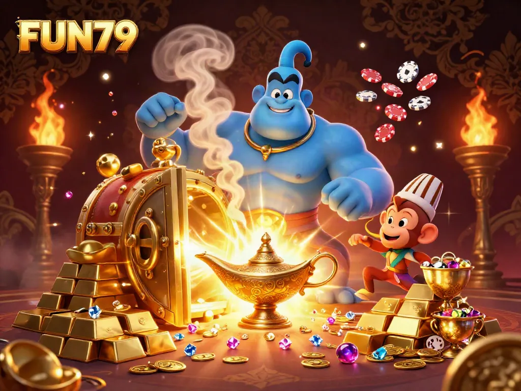 Experience the excitement of FUN79 with a blue genie, treasures, and vibrant casino elements.