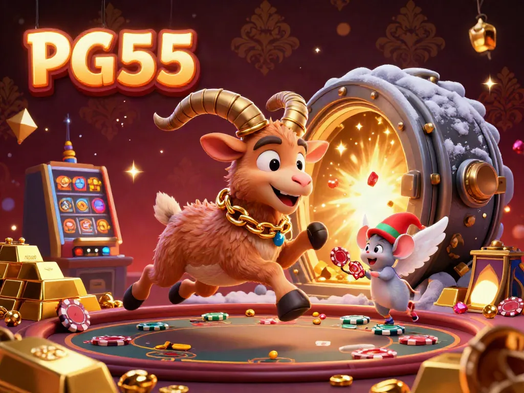 Engage in thrilling gaming experiences at PG55 casino, where festive characters play among sparkling treasures.