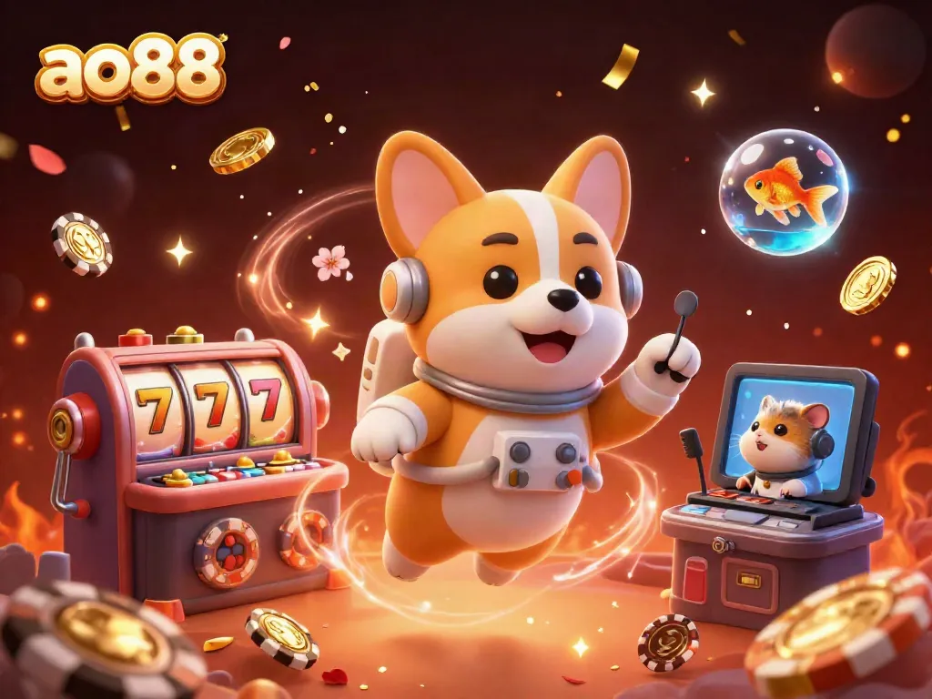Experience thrilling gameplay at ao88 with a vibrant scene of gaming action and floating casino elements.