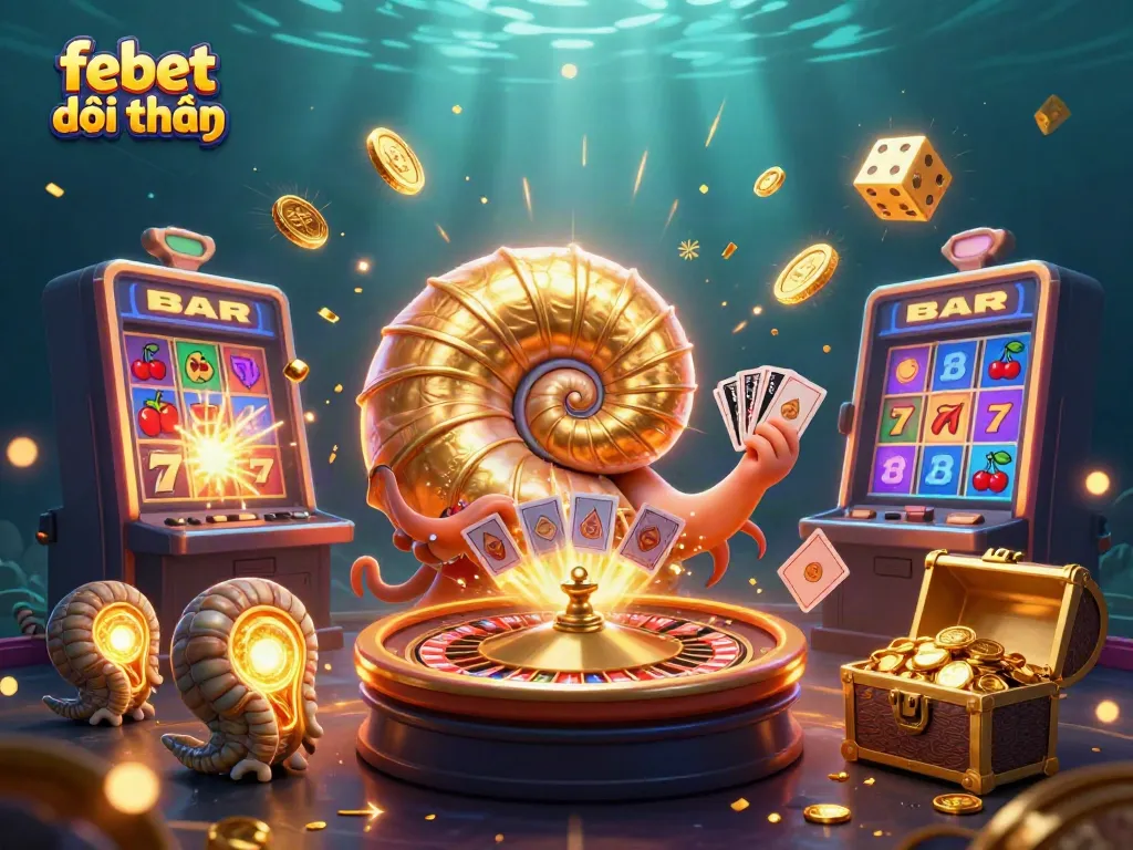Engage in febet đổi thưởng with a vibrant scene showcasing a giant nautilus roulette wheel surrounded by exciting casino elements.