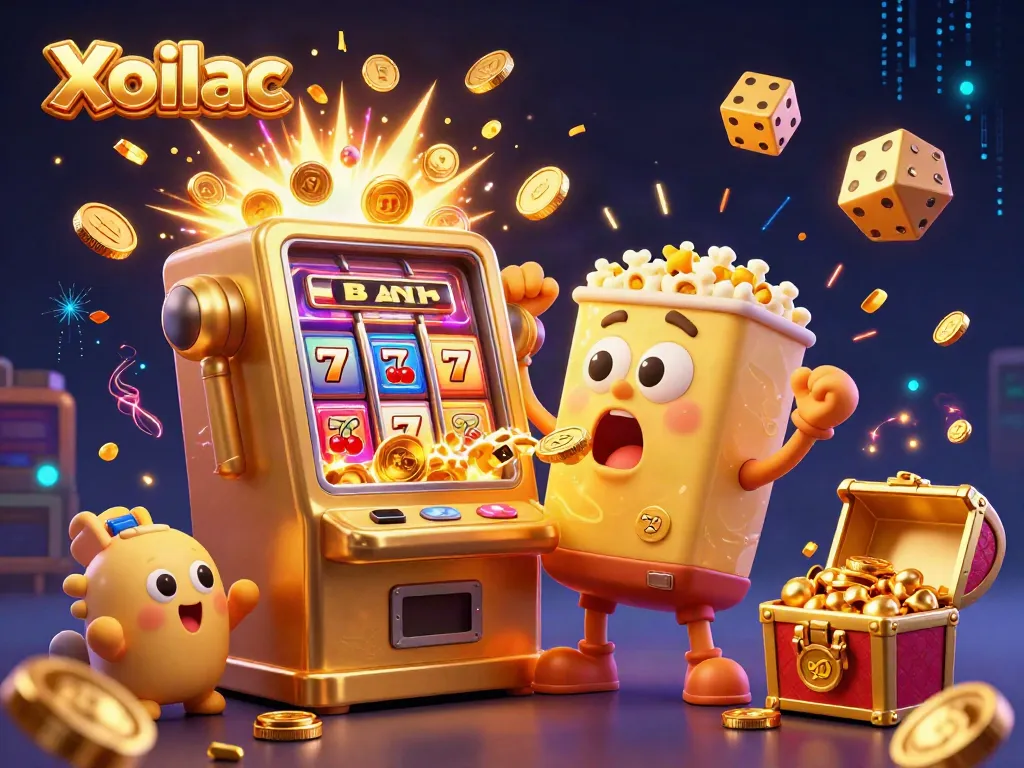 Xoilac slot machines celebrating a jackpot with coins and festive elements in a vibrant casino setting.