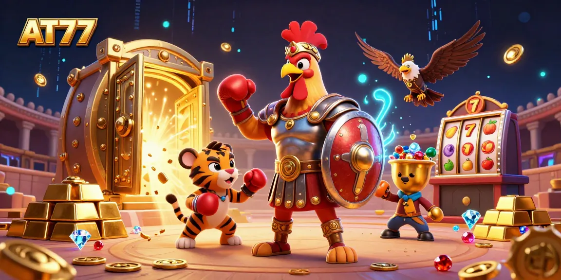 Experience the exhilarating slot action at AT77 with 3D gladiatorial characters and vibrant casino elements.