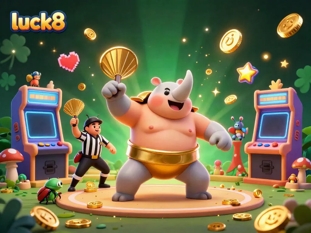 Experience the excitement of luck8 with a 3D rhinoceros beetle champion sending coins flying in a vibrant gaming scene.
