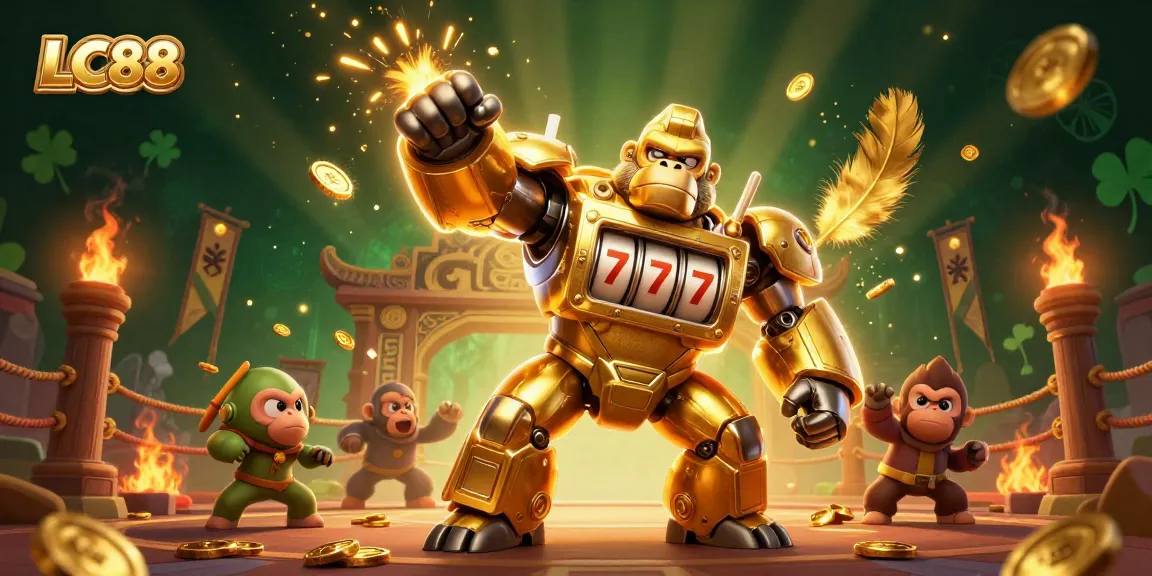 Experience thrilling gambling action at LC88 with a dynamic golden gorilla mech surrounded by vibrant casino elements.
